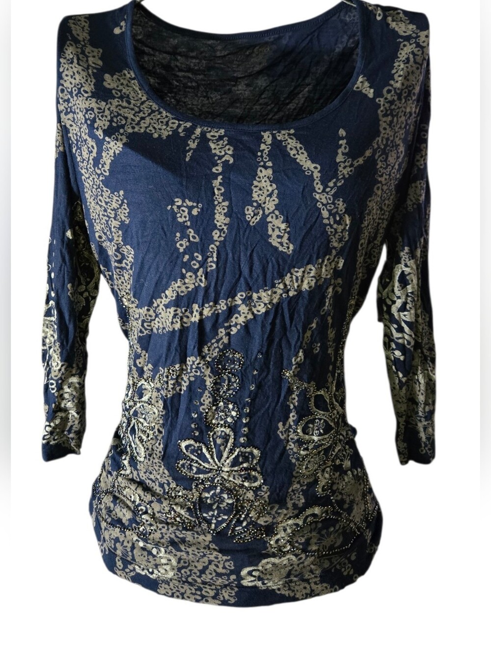 Coldwater Creek Navy Blue Long Sleeve Top with Metallic Gold Print Size Med